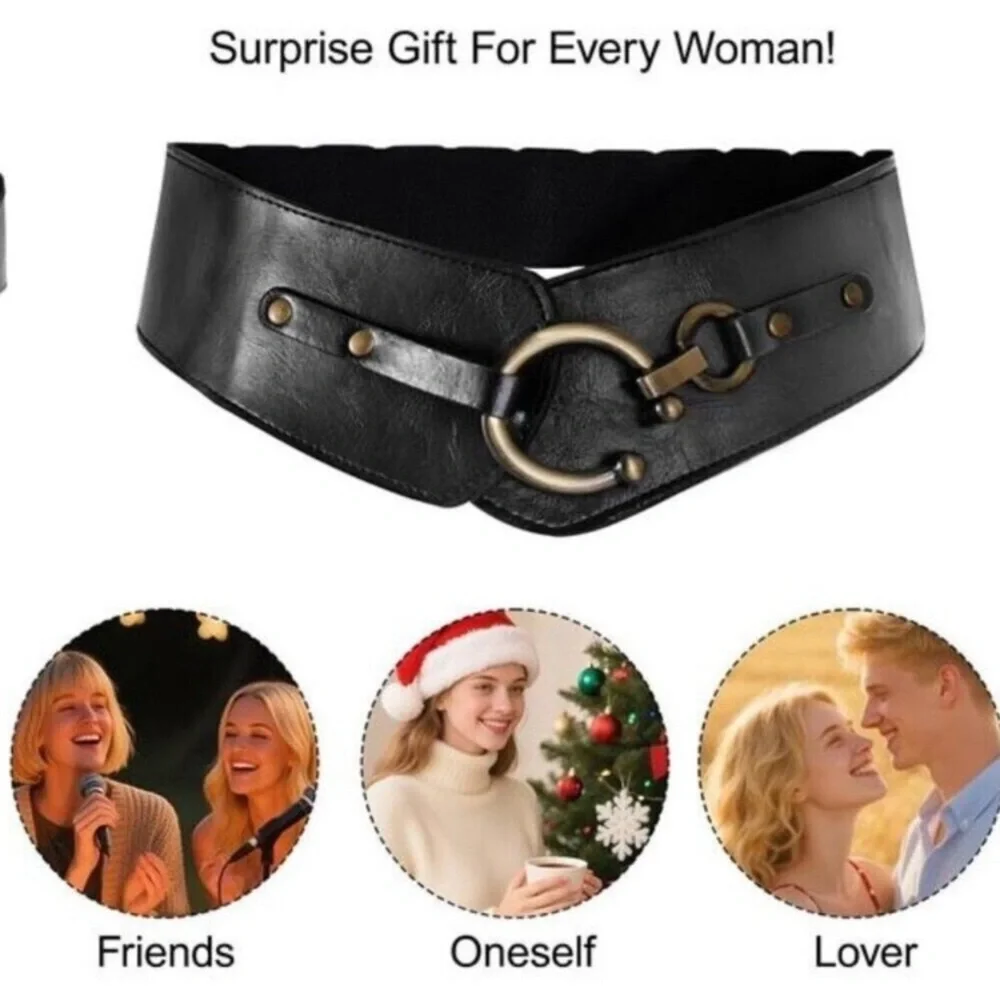 Women's Wide Elastic Waist Belt  Black Vegan Leather Stretch Interlock Buckle